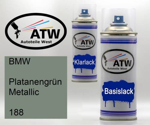 BMW, Platanengrün Metallic, 188: 400ml Sprühdose + 400ml Klarlack - Set, von ATW Autoteile West.